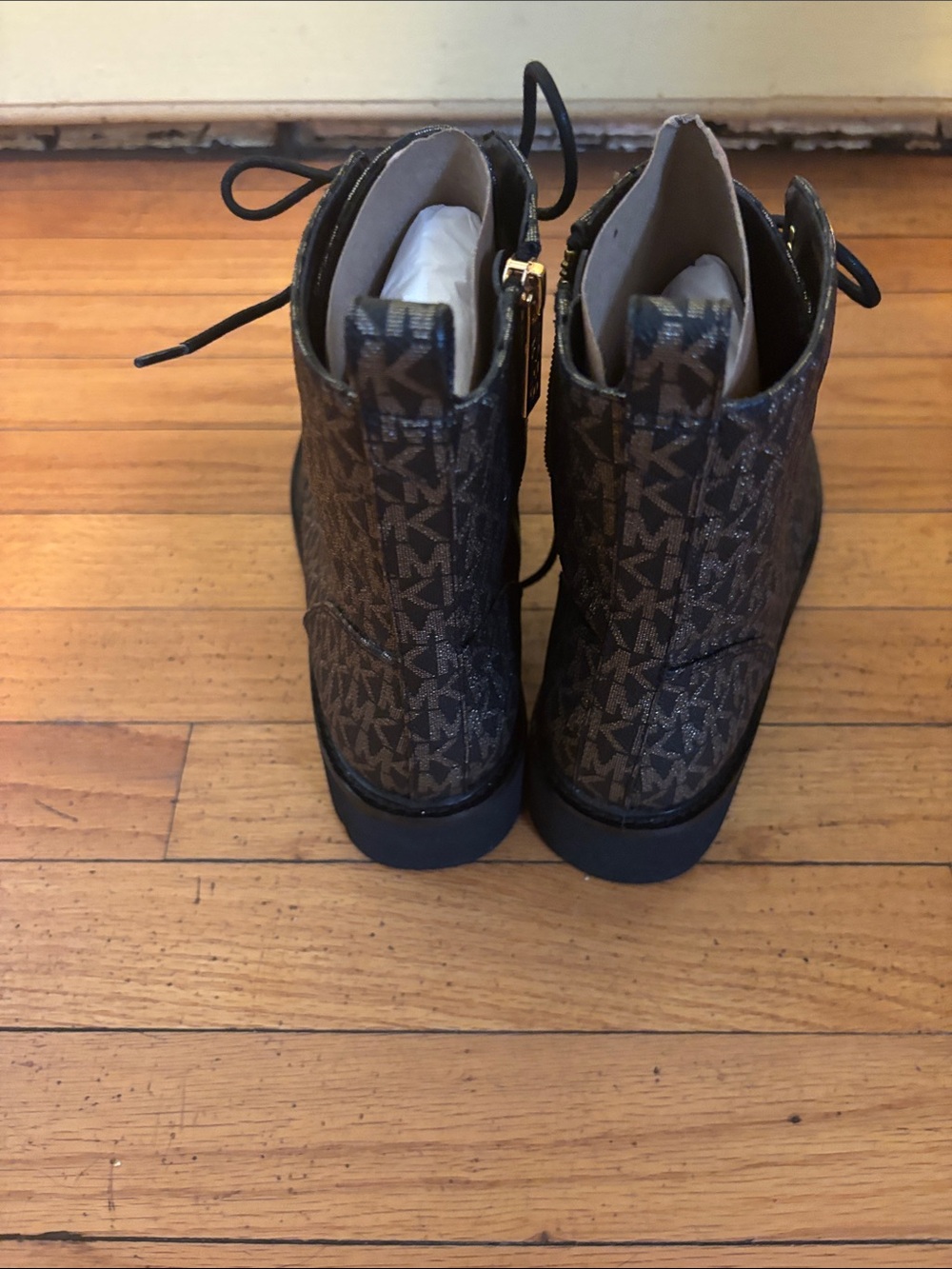 Michael Kors Black and Gray MK Monogram Lace-Up Combat Boots - Picture 3 of 4